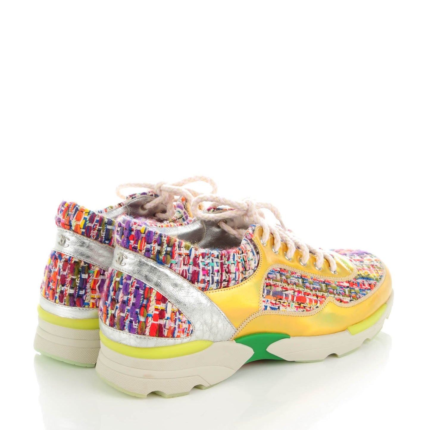 Tweed Lambskin Runway Sneakers 38 Silver Multicolor