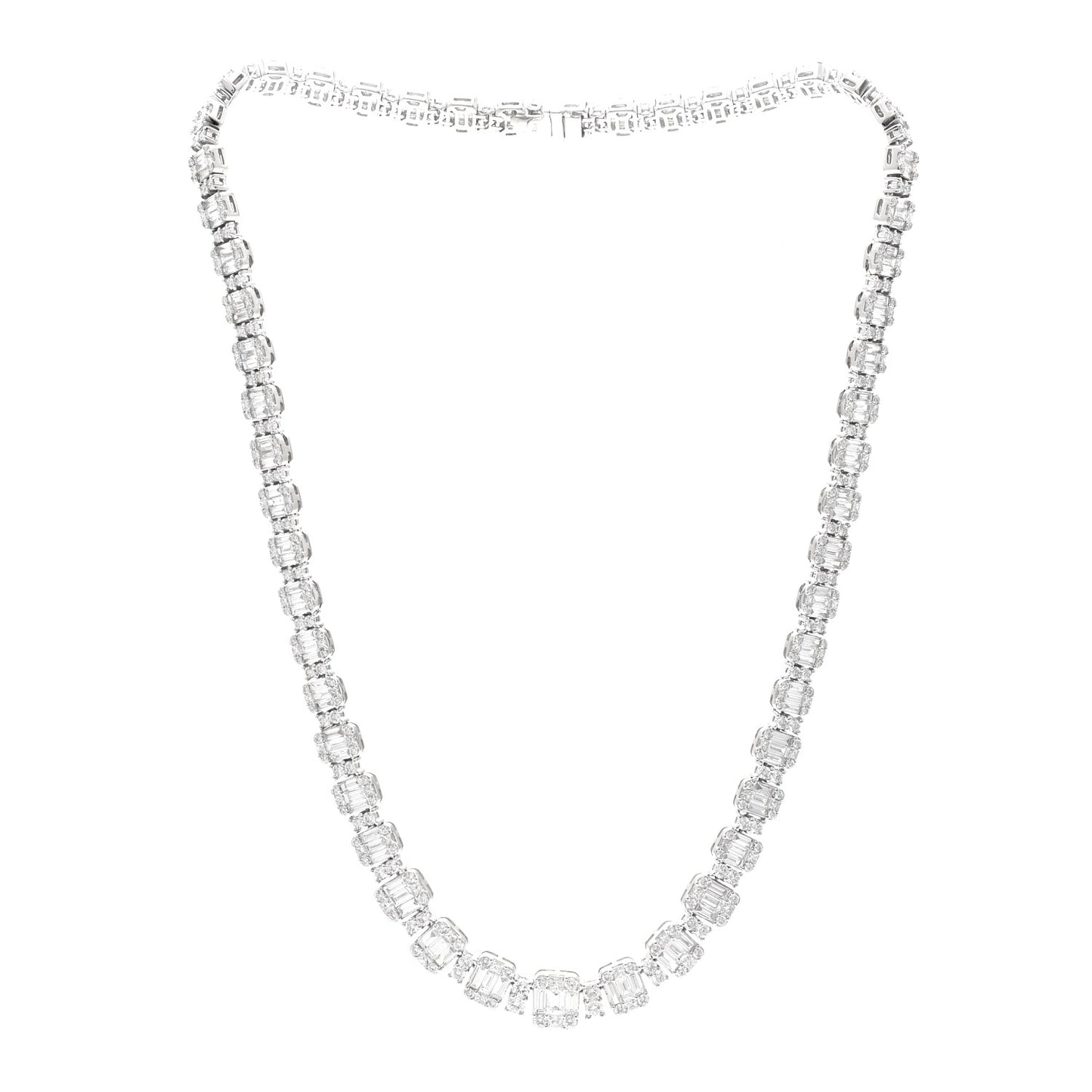 18K White Gold Diamond 13.56ctw Baguette Round Cut Graduated Necklace