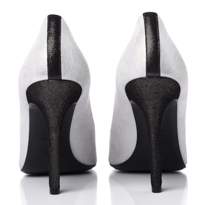 Chanel Metallic Fabric Jewel Cap Toe Pumps 39.5 Silver Black 5 of 12