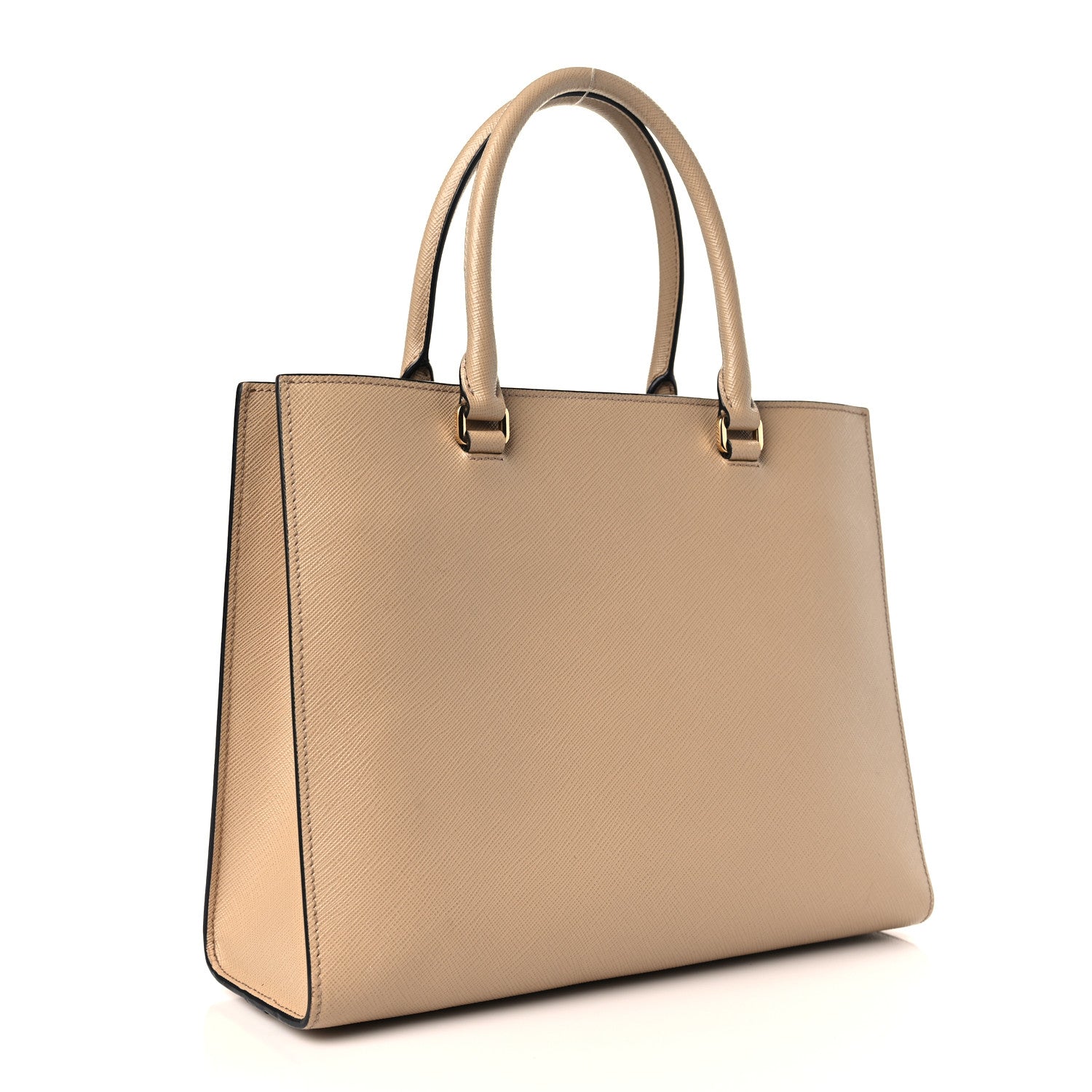 Prada Saffiano Lux Logo Embossed Medium Shoulder Tote Handbag Sabbia 3 of 9