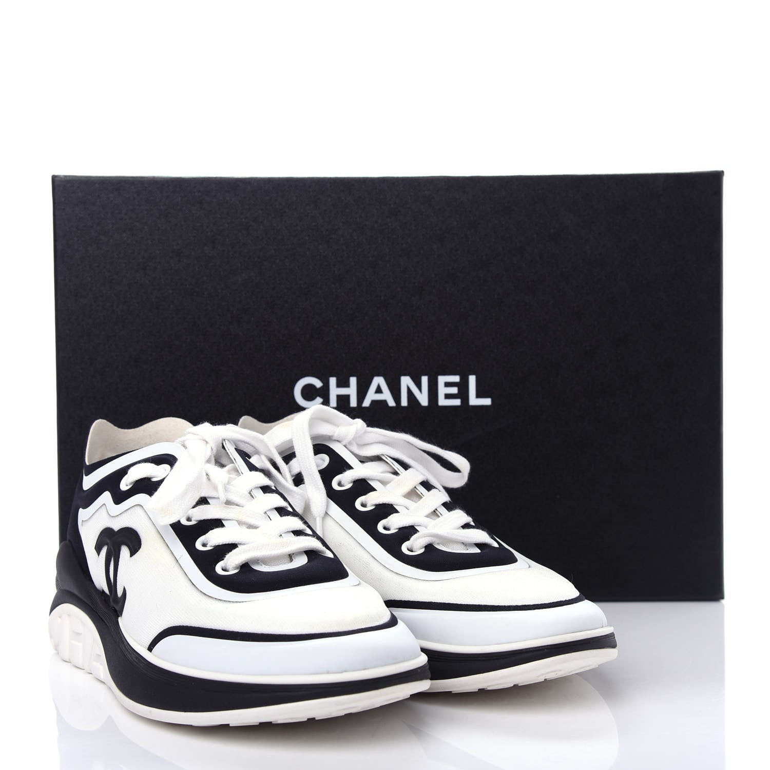 Chanel Lycra Womens CC Sneakers 36.5 White Black 10 of 11