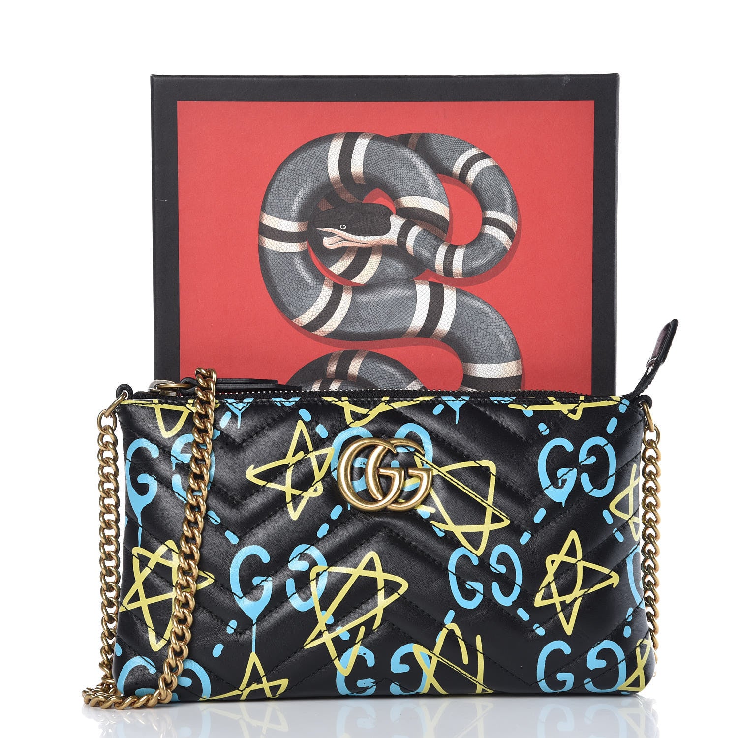 Gucci Calfskin Matelasse Printed Mini GucciGhost GG Marmont Chain Bag Black New Acquamarine 8 of 8