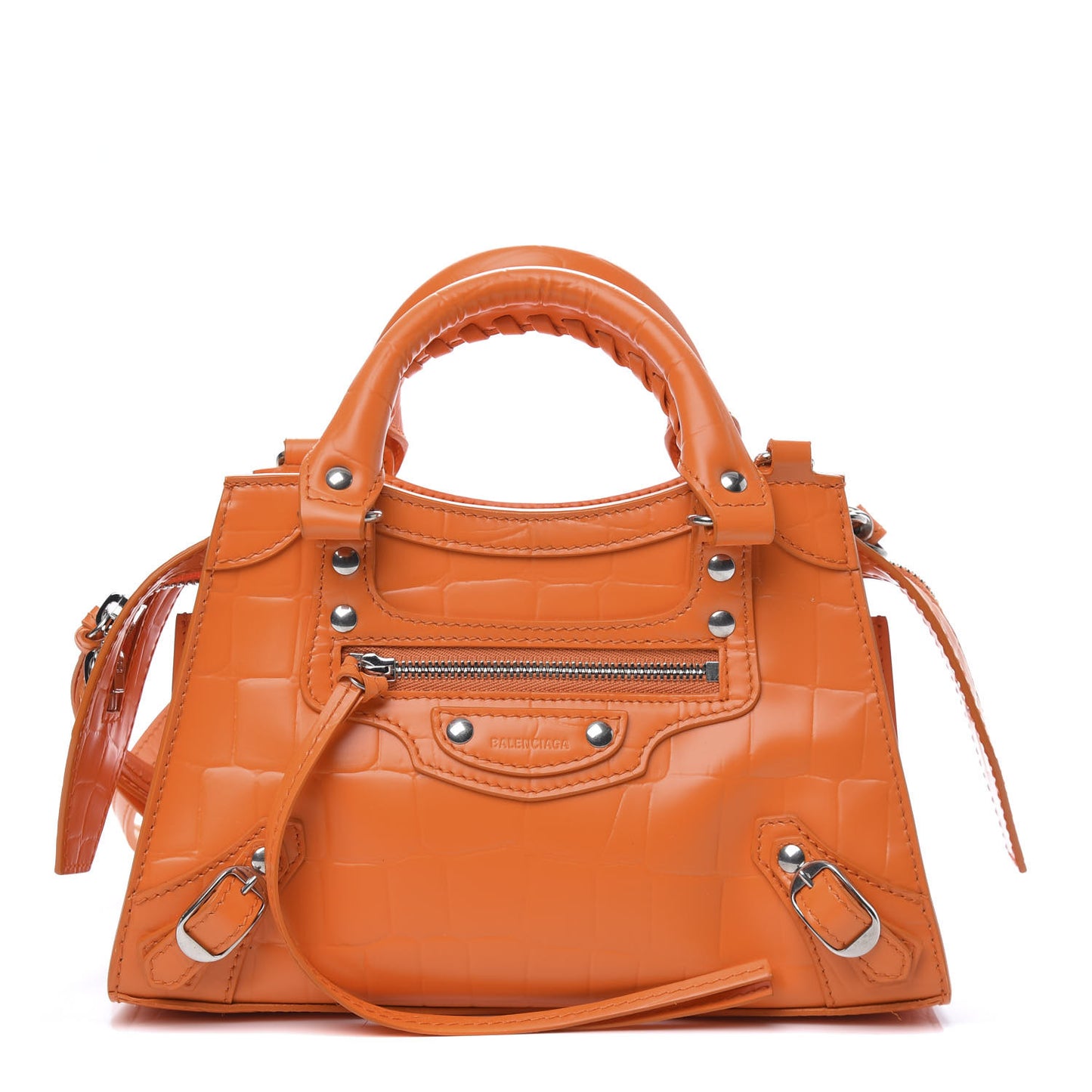 Semi Shiny Calfskin Crocodile Embossed Neo Classic Silver Hardware Mini City Orange