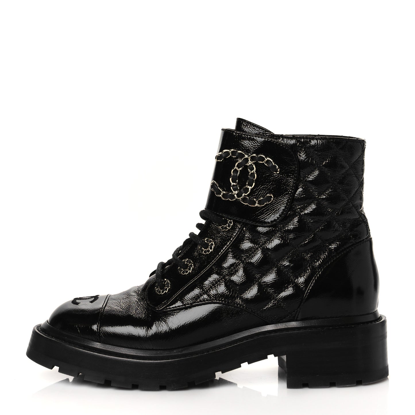 Shiny Goatskin Calfskin Quilted Lace Up Combat Boots 38 Black