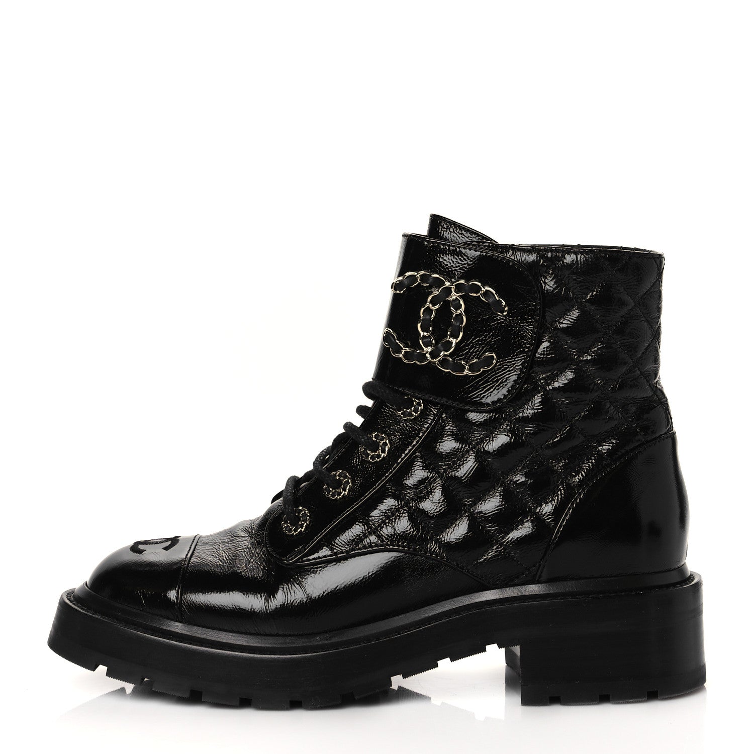 Chanel Shiny Goatskin Calfskin Quilted Lace Up Combat Boots 38 Black 1 of 8