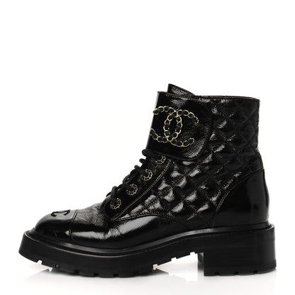 Chanel Shiny Goatskin Calfskin Quilted Lace Up Combat Boots 38 Black 1 of 8