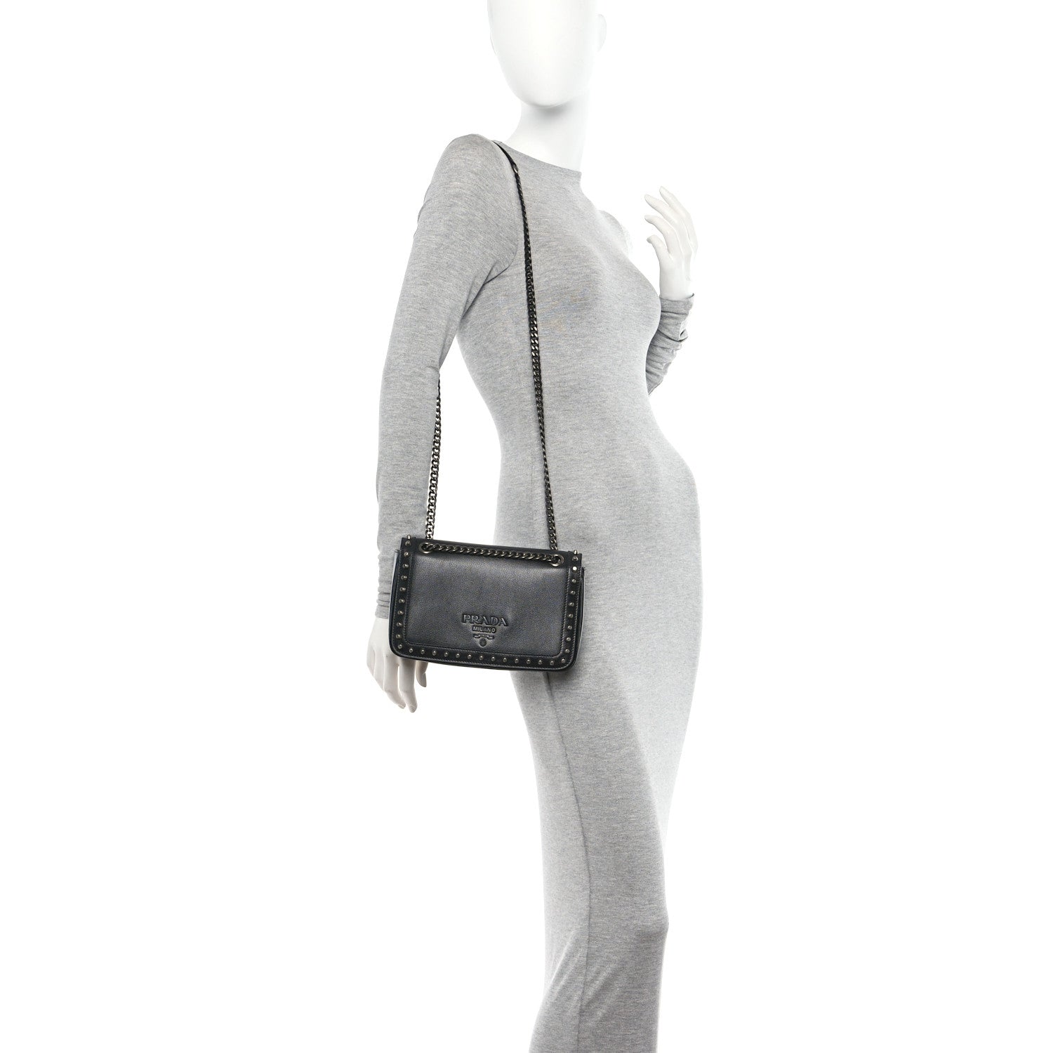 Prada Glace Calfskin Studded Crossbody Black 2 of 9