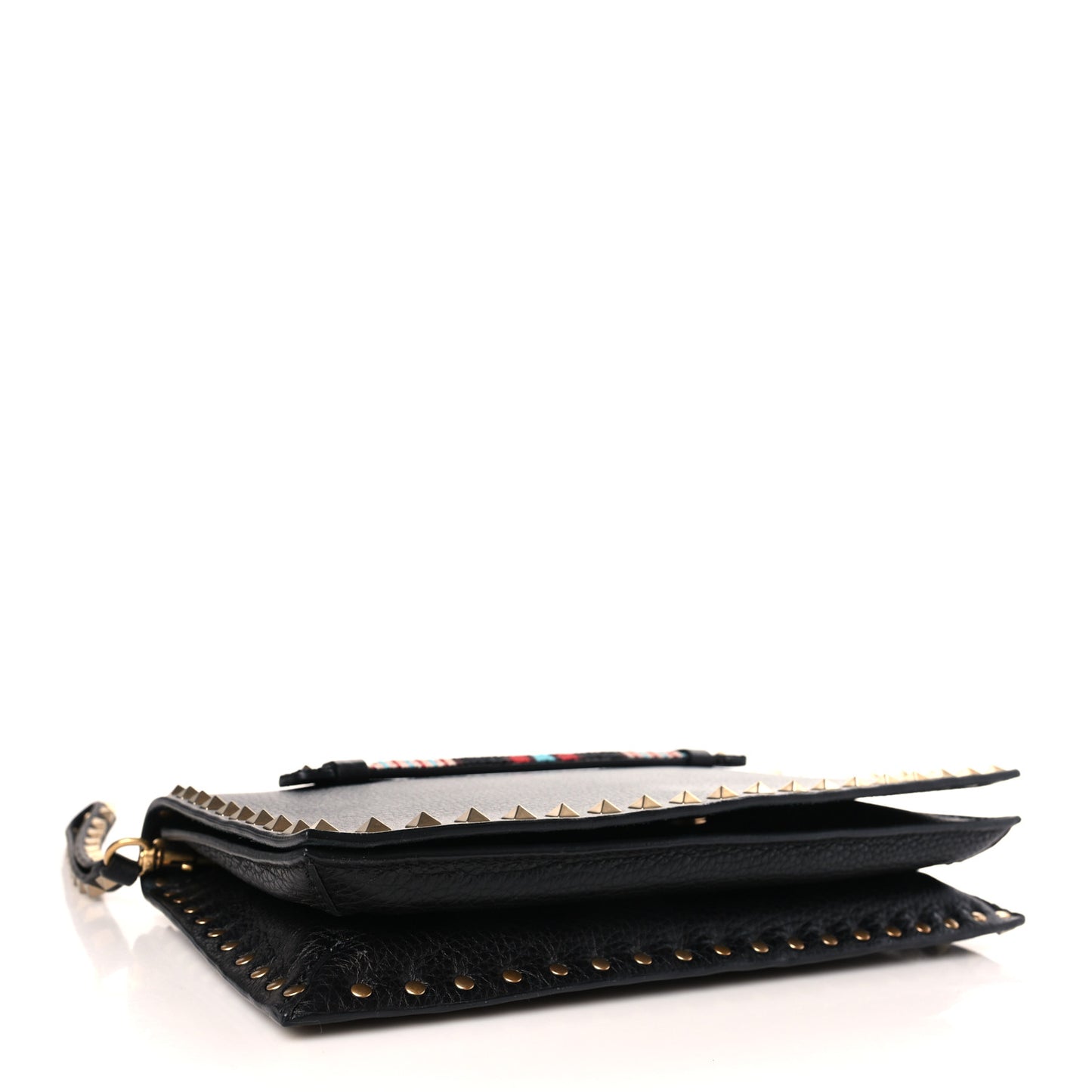 Pebbled Calfskin Beaded Strap Rockstud Medium Clutch Wristlet Black