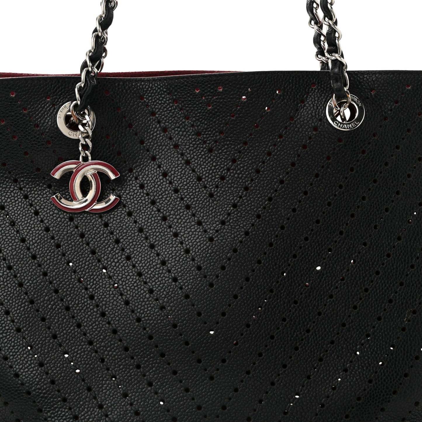 Perforated Grained Calfskin Large Shopping Tote Black