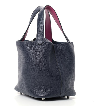 Hermes Taurillon Clemence Swift Eclat Picotin Lock 18 PM Bleu Nuit Rose Pourpre 3 of 9