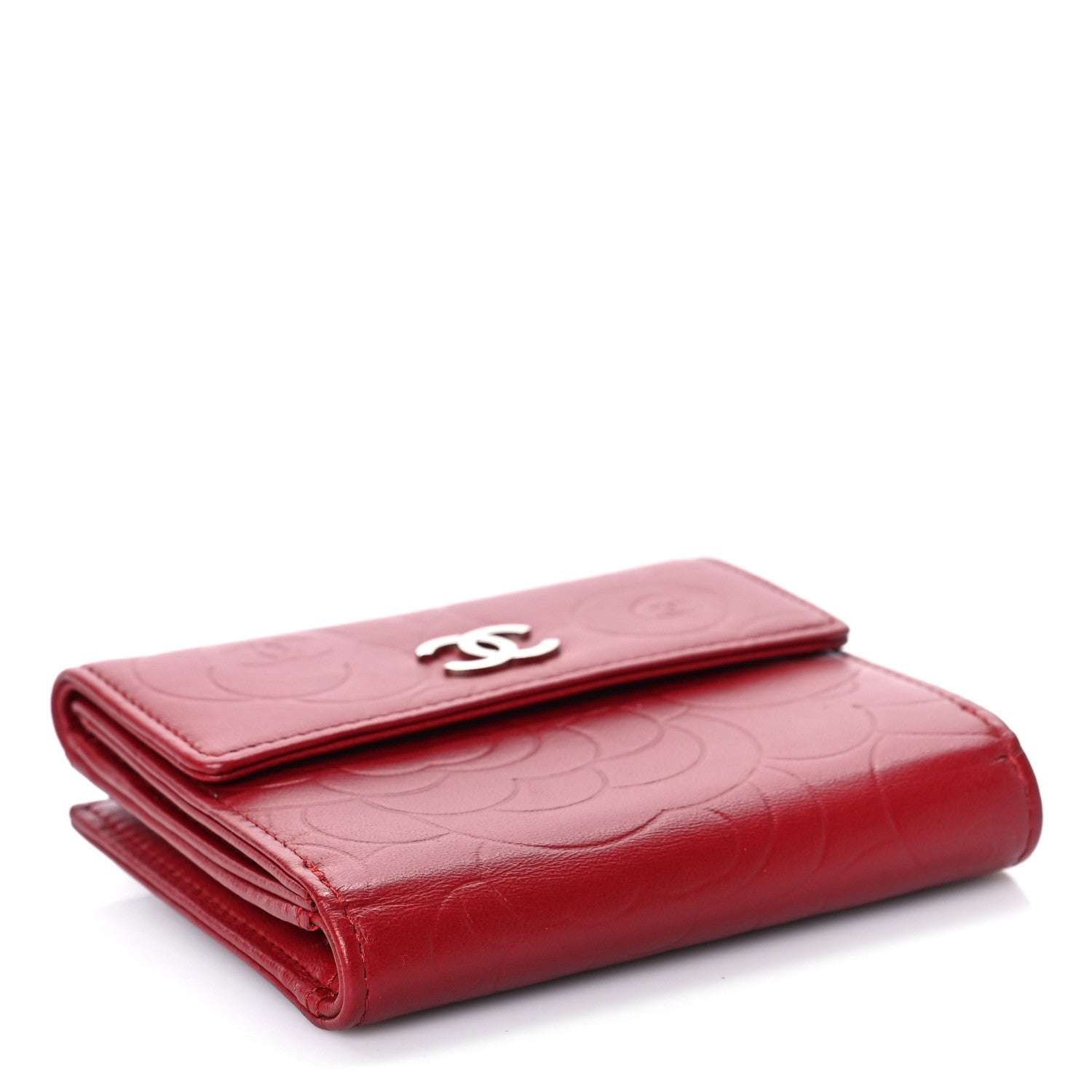 Chanel Lambskin Camellia Embossed Compact French Flap Wallet Red 4 of 12