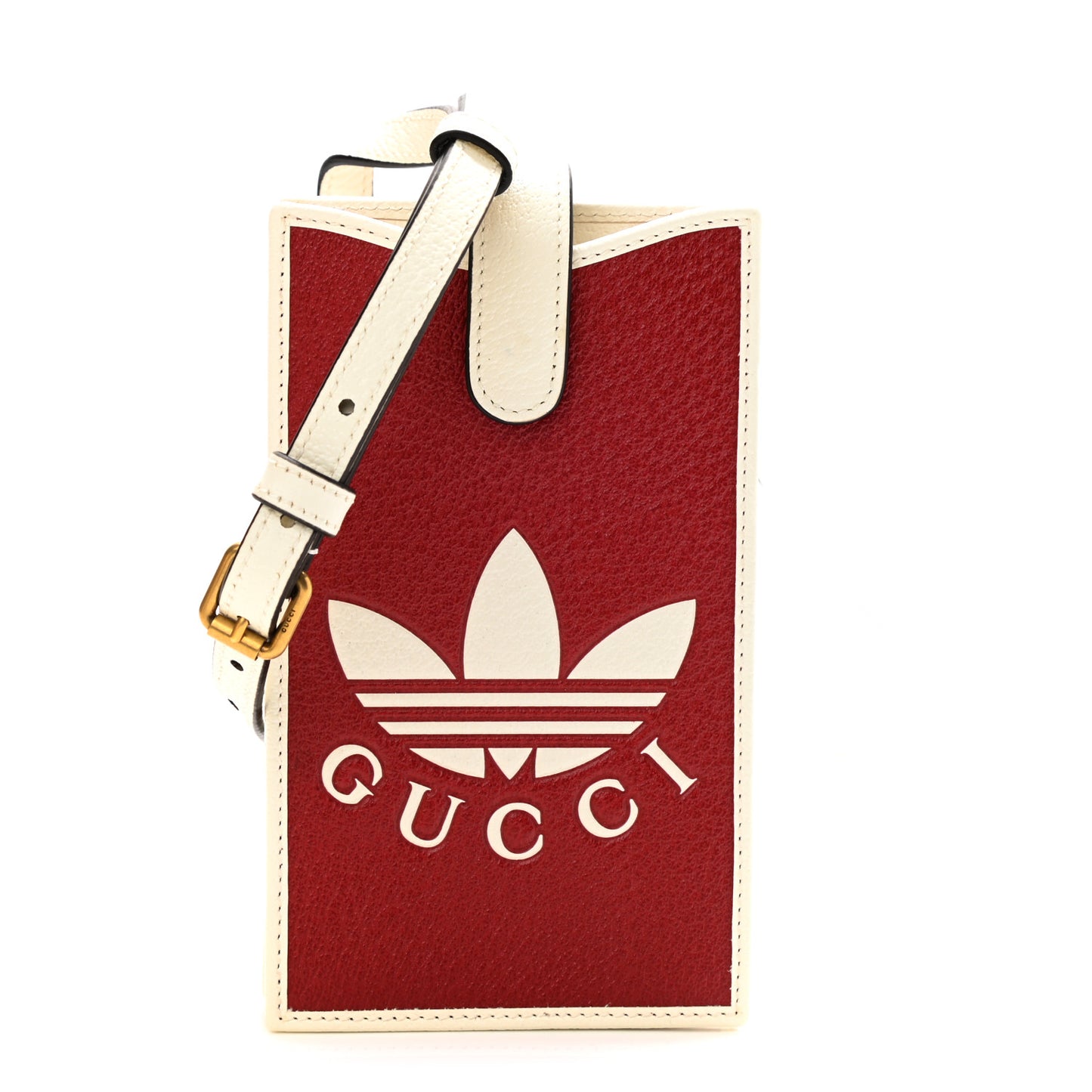 X ADIDAS Textured Dollar Calfskin Trefoil Embossed Phone Crossbody Bag Hibiscus Red Off White