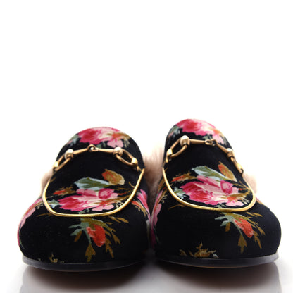 Gucci Velvet Fur Floral Womens Princetown Slippers 36.5 Black 2 of 9