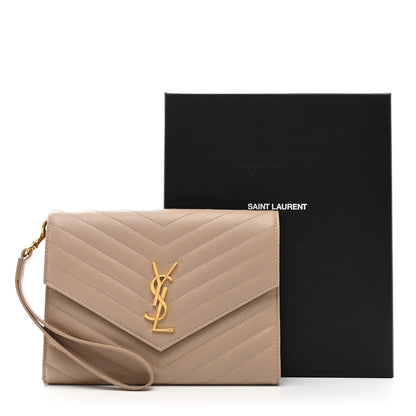 Saint Laurent Grain De Poudre Matelasse Chevron Monogram Envelope Clutch Dark Beige 8 of 8