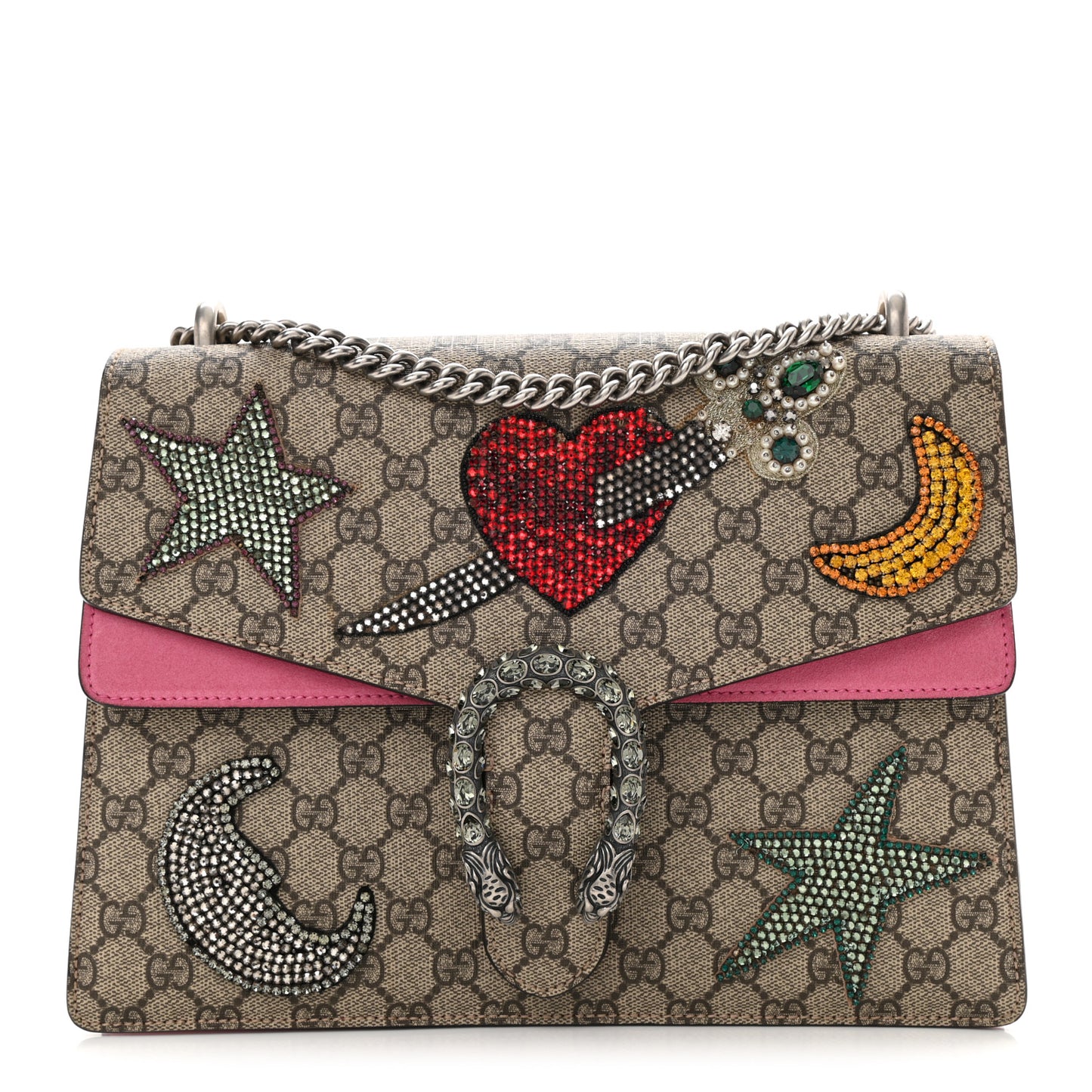 GG Supreme Monogram Suede Pierced Heart Embroidered Medium Dionysus Shoulder Bag Beige Ebony Pink Tropical Flower