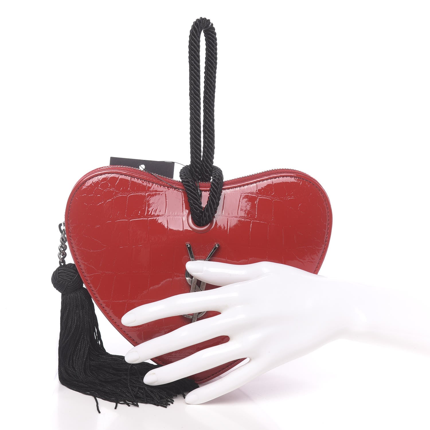 Saint Laurent Patent Crocodile Embossed Sac Coeur Heart Shaped Clutch Red 2 of 10