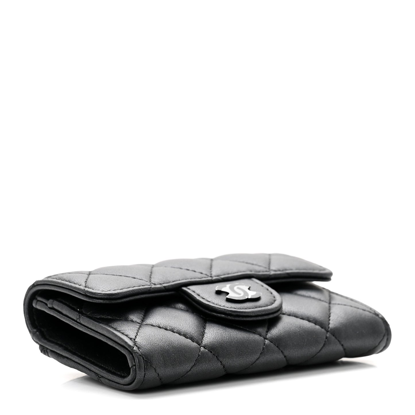 Pearly Lambskin Quilted Flap Card Holder Wallet So Black
