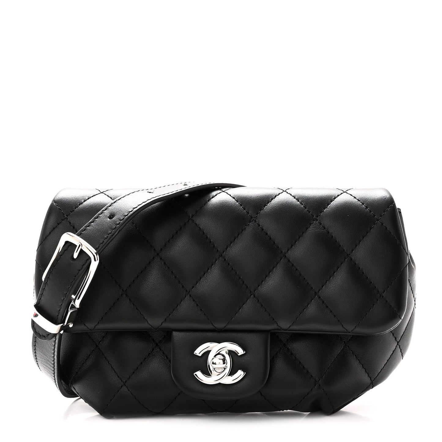 Calfskin Quilted CC Uniform Flap Belt Bag Black