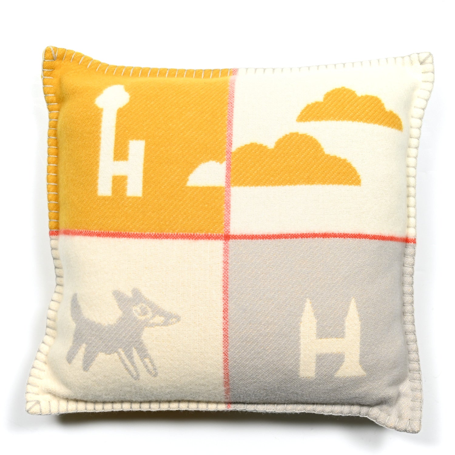 Hermes Wool Cashmere Avalon Epopee Pillow PM Jaune Miel Gris Perle 1 of 3