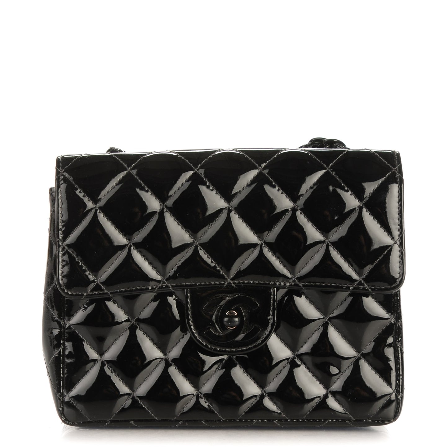 Patent Calfskin Quilted Mini Square Flap Black