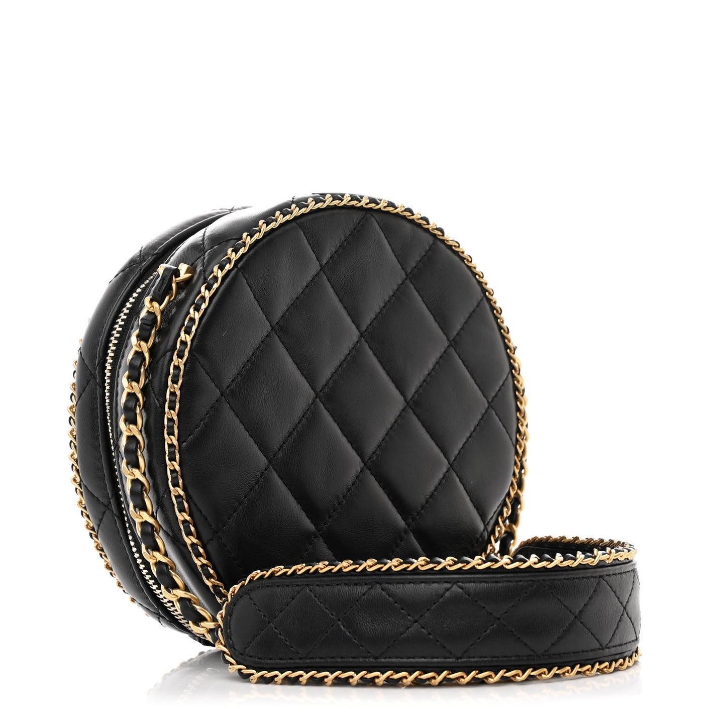 Lambskin Quilted Chain CC Round Clutch With Chain Black