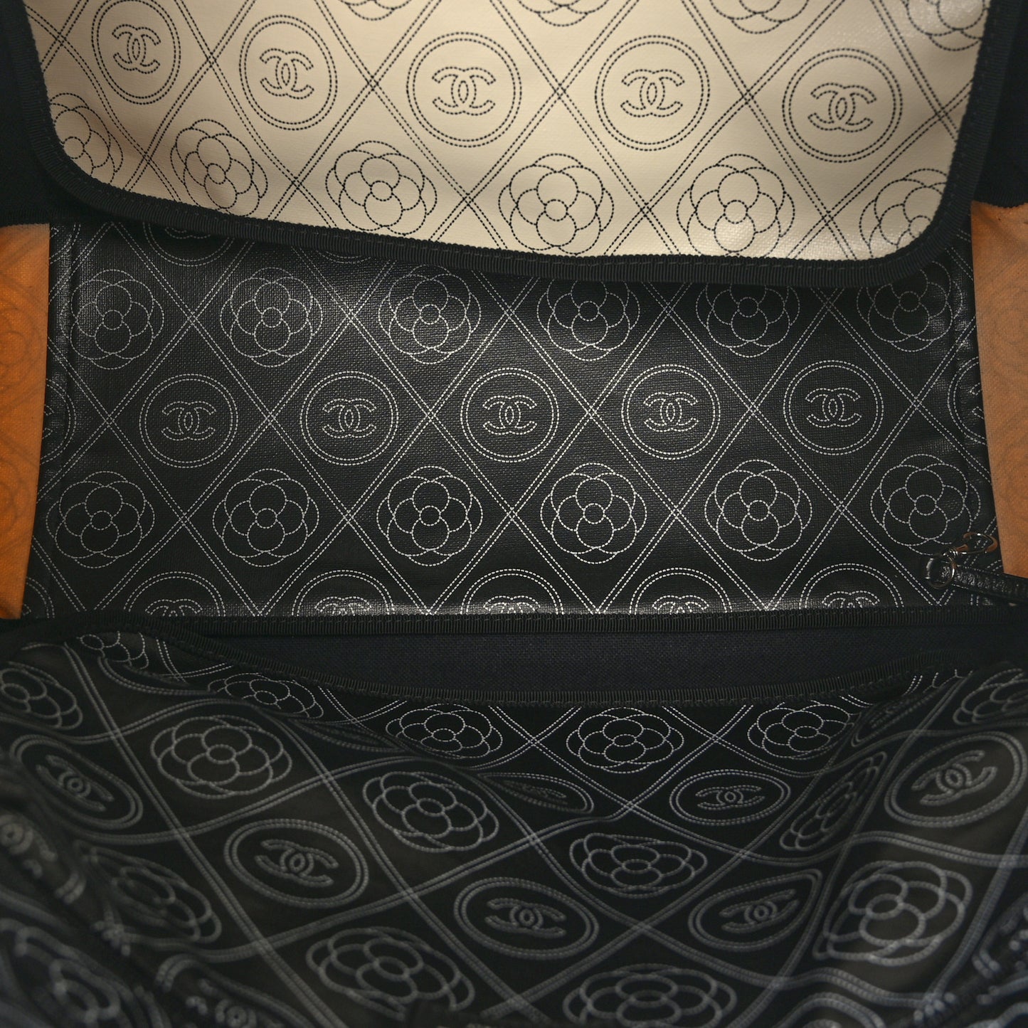 Coated Canvas Camellia Large Shopping Tote Black Beige