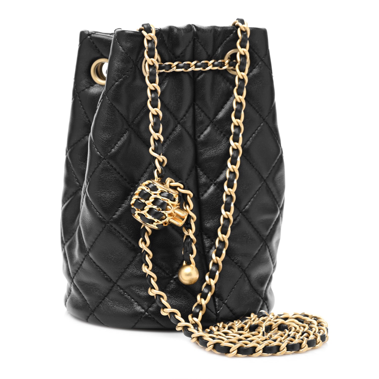 Chanel Lambskin Quilted Pearl Crush Drawstring Bag Black 3 of 8