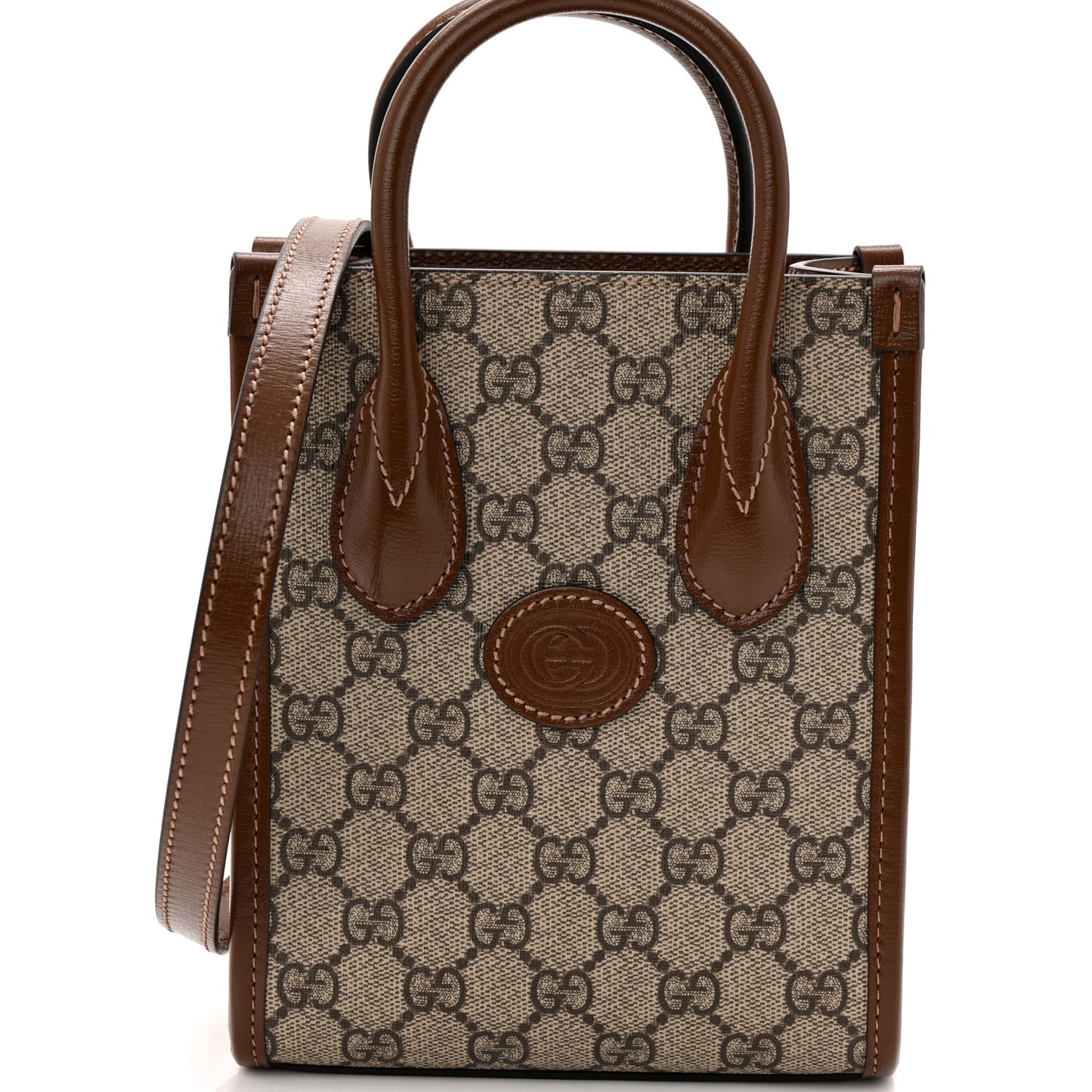 GG Supreme Monogram Azalea Calfskin Mini Retro Interlocking G Tote Bag Beige Ebony Brown Sugar
