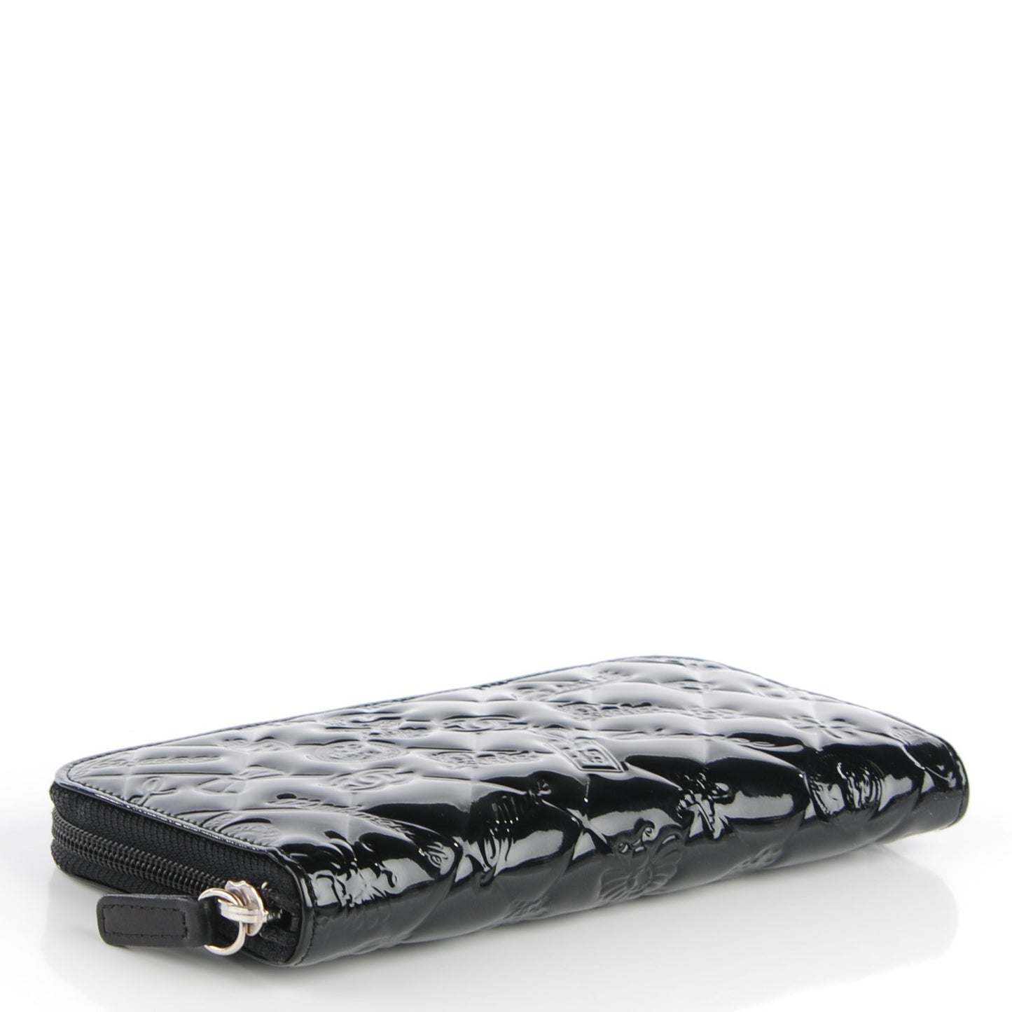 Patent Calfskin Lucky Symbols Zip Around Wallet Black