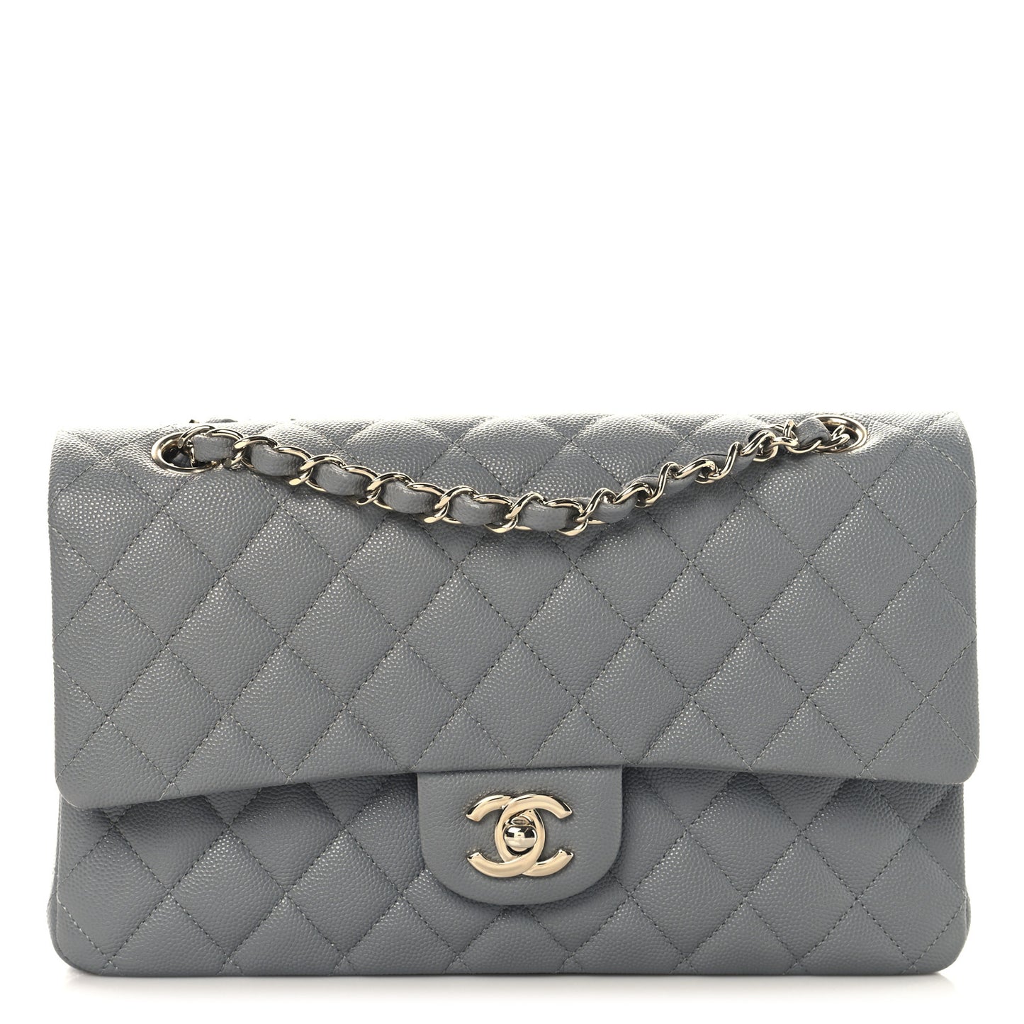 Caviar Quilted Medium Double Flap Grey