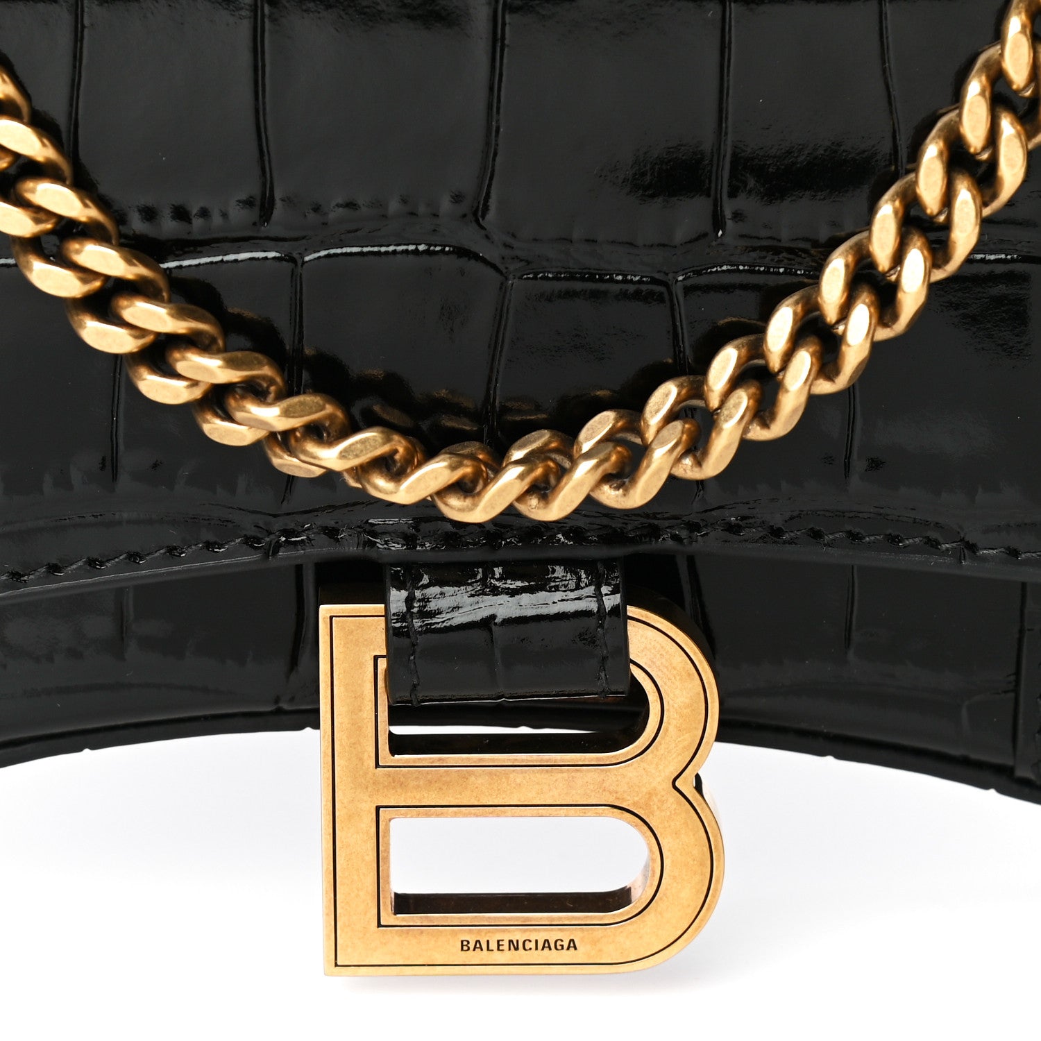 Balenciaga Shiny Calfskin Crocodile Embossed Hourglass Chain Bag Black 7 of 7