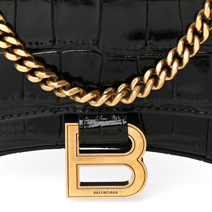 Balenciaga Shiny Calfskin Crocodile Embossed Hourglass Chain Bag Black 7 of 7