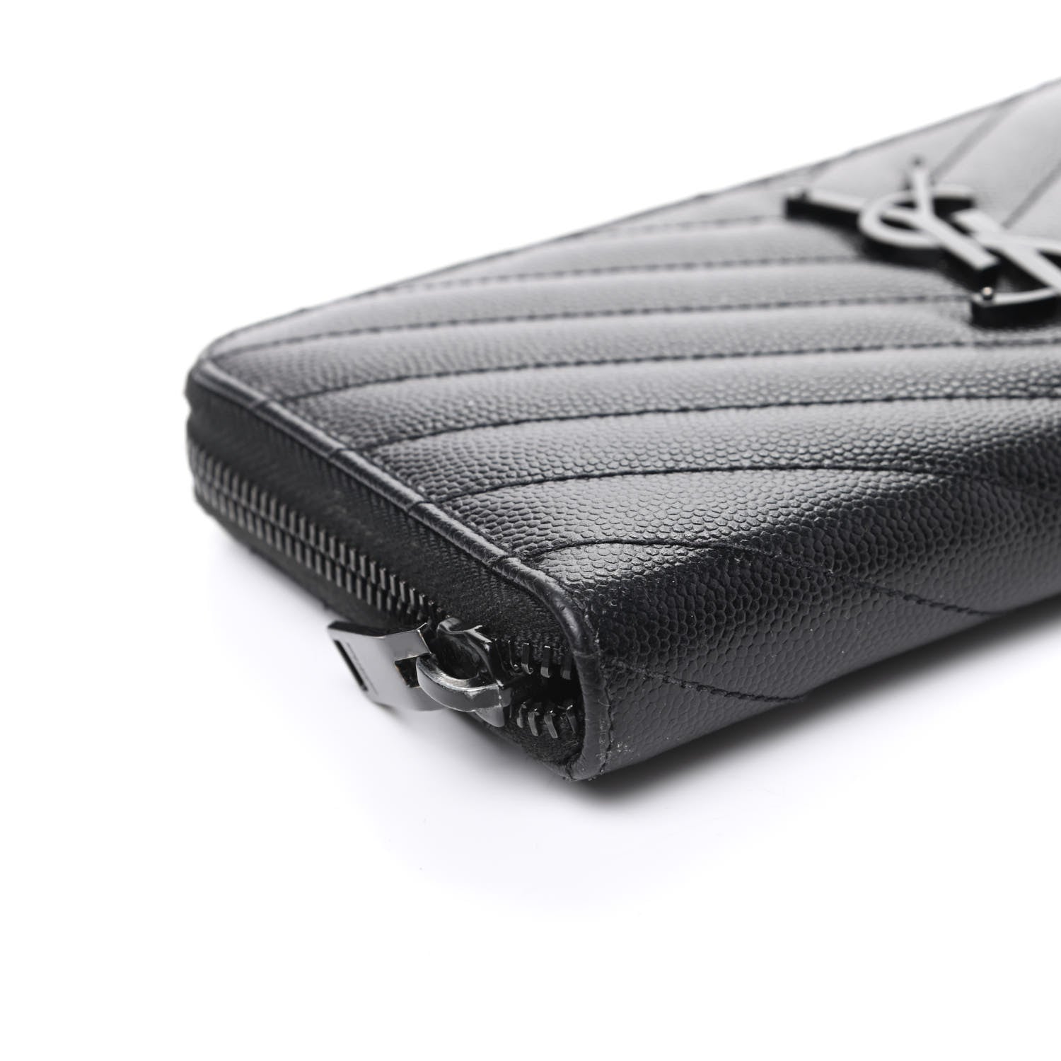 Saint Laurent Grain De Poudre Matelasse Chevron Monogram Zip Around Wallet Black 7 of 9