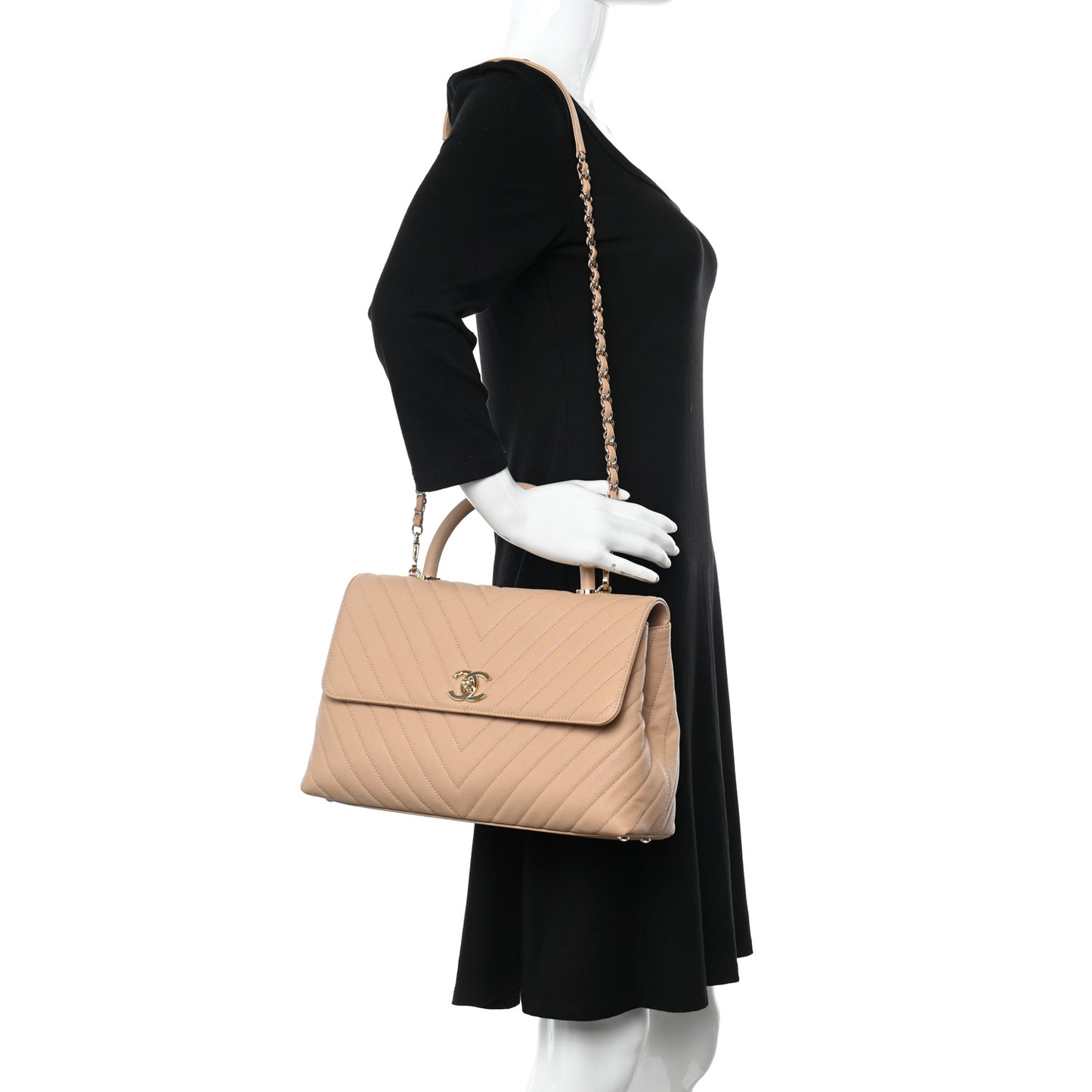 Caviar Chevron Quilted Medium Coco Handle Flap Beige