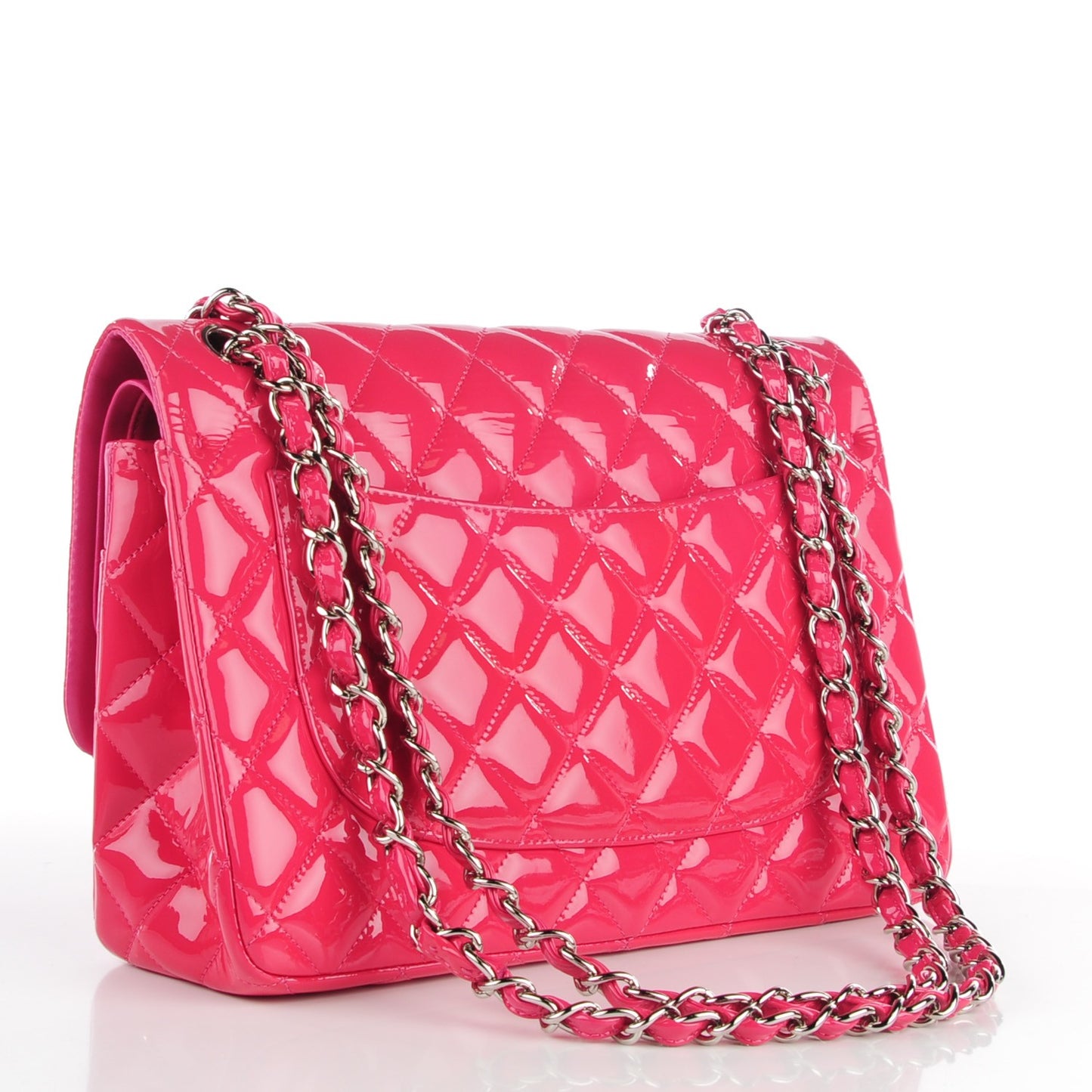 Patent Calfskin Quilted Jumbo Double Flap Fuchsia