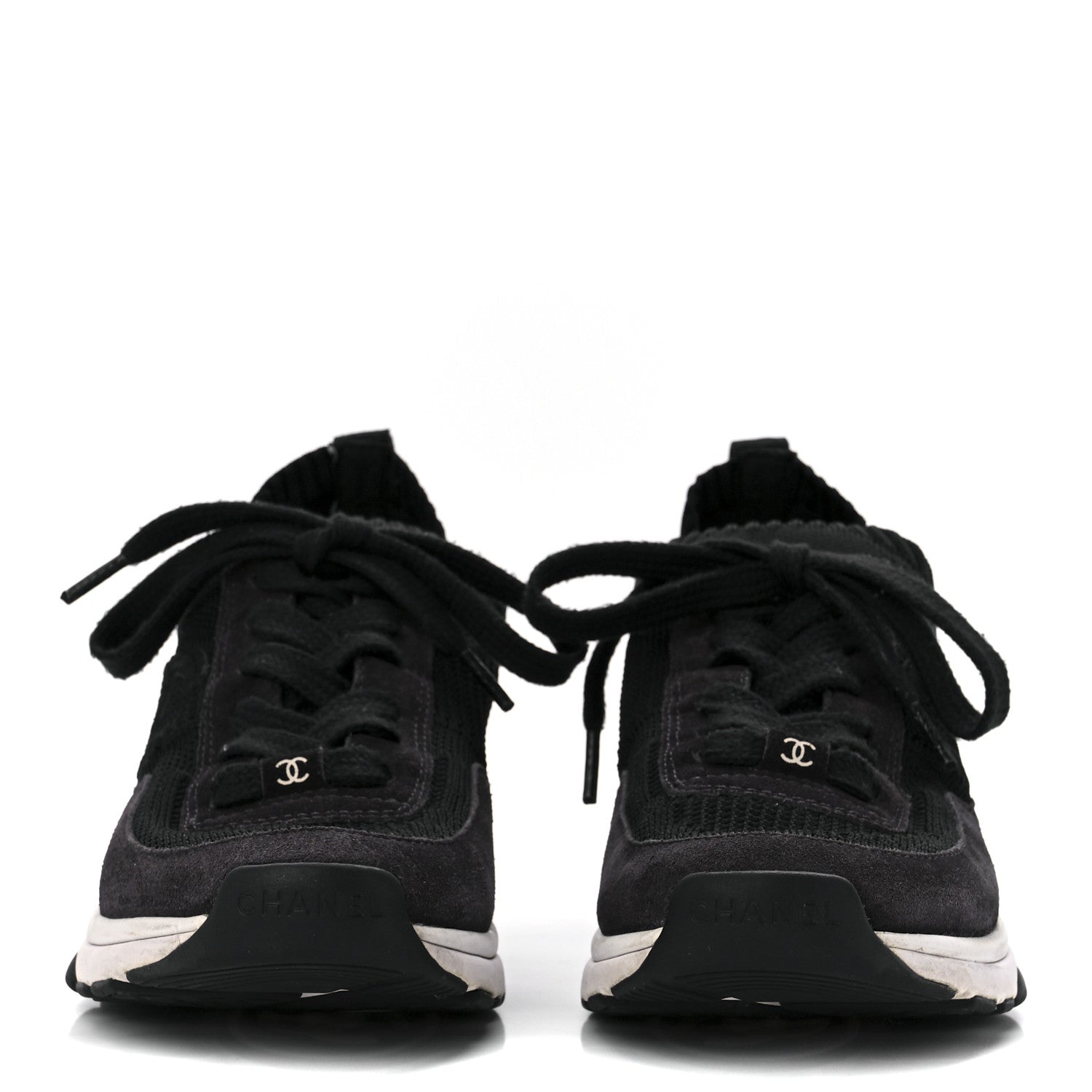 Chanel Mesh Suede Fabric Womens CC Sneakers 38 Grey White Black 2 of 9
