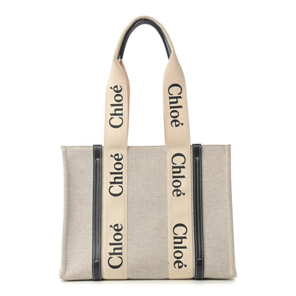 Chloe Cotton Calfskin Medium Woody Ribbon Tote White Black 1 of 14