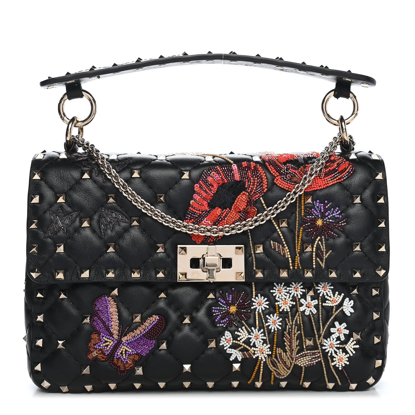 Lambskin Medium Floral Embellished Rockstud Spike Shoulder Bag Black