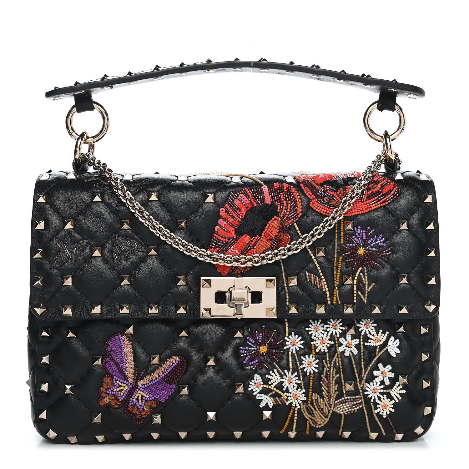 Valentino Garavani Lambskin Medium Floral Embellished Rockstud Spike Shoulder Bag Black 1 of 9