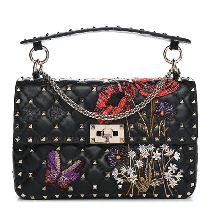 Valentino Garavani Lambskin Medium Floral Embellished Rockstud Spike Shoulder Bag Black 1 of 9