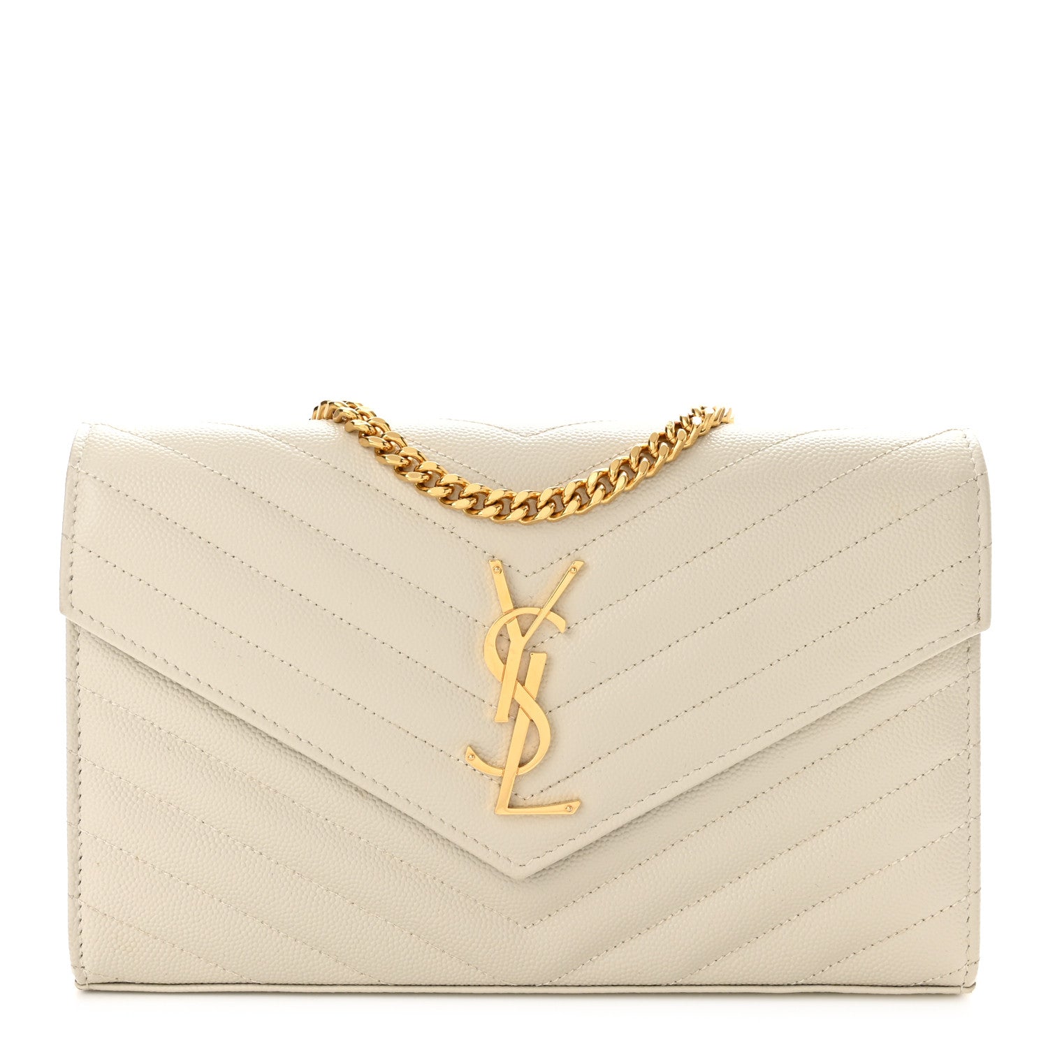 Saint Laurent Grain De Poudre Matelasse Chevron Monogram Chain Wallet Crema Soft 1 of 9