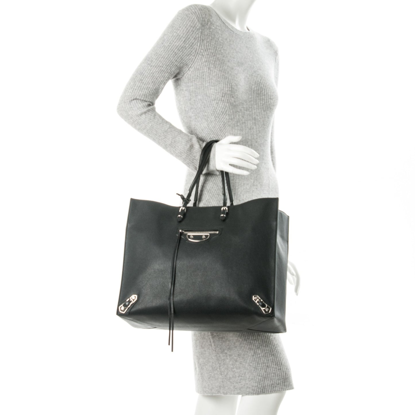 Grained Calfskin Silver Metallic Edge Hardware Papier A4 Tote Black