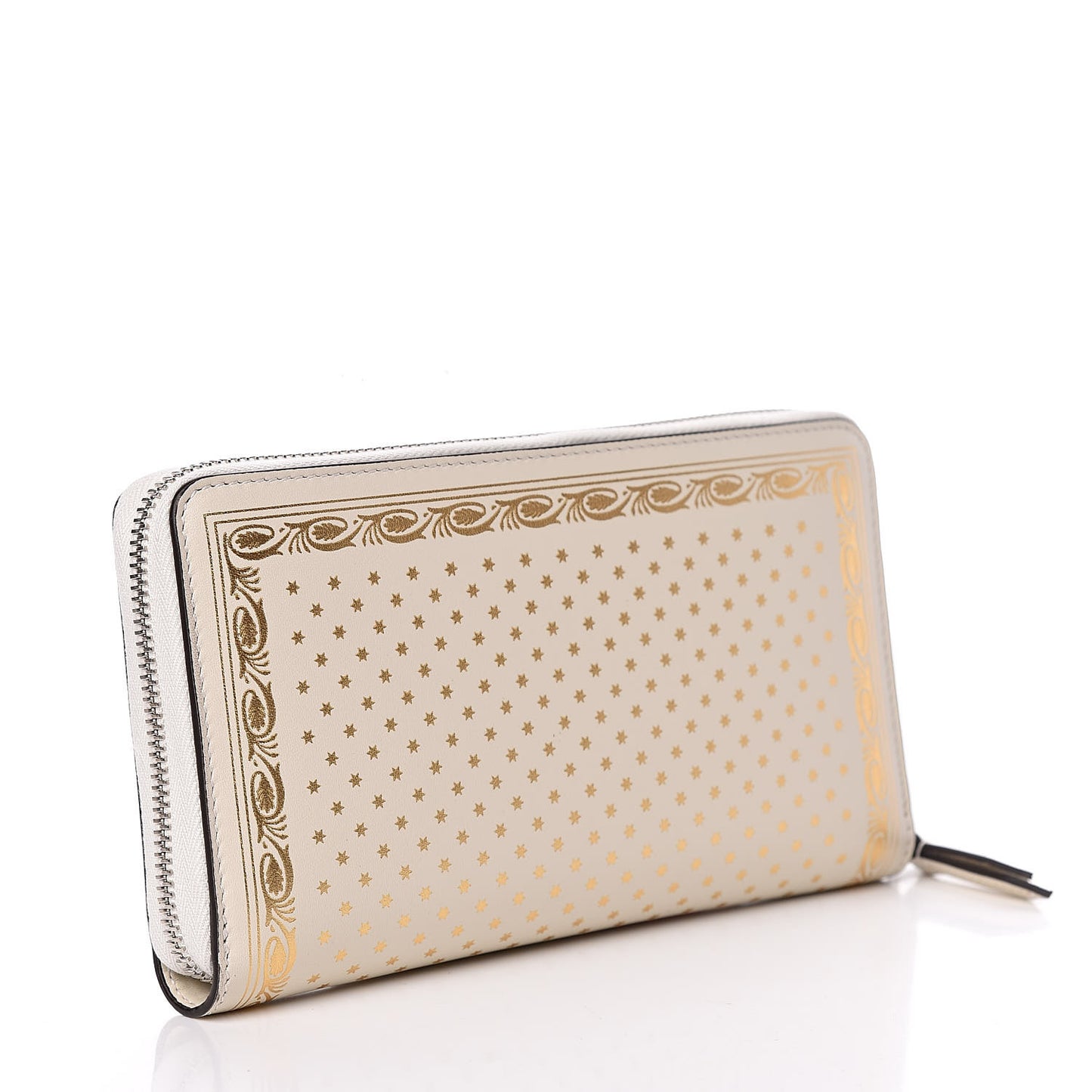 X SEGA Calfskin GUCCY Stars Zip Around Wallet Mystic White Gold