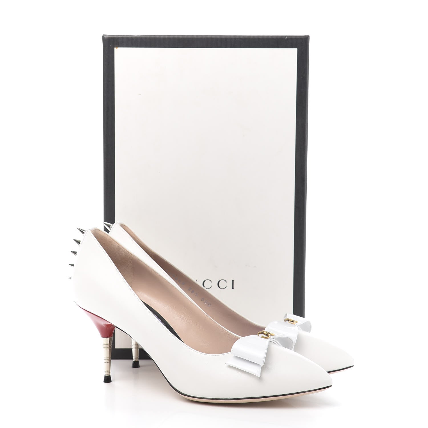 Gucci Calfskin GG Bow Sadie Spike Mid Heel Pumps 38.5 White 10 of 10
