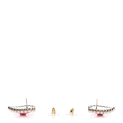 Chanel Pearl Resin Crystal CC Heart Drop Earrings Pink Gold 3 of 5