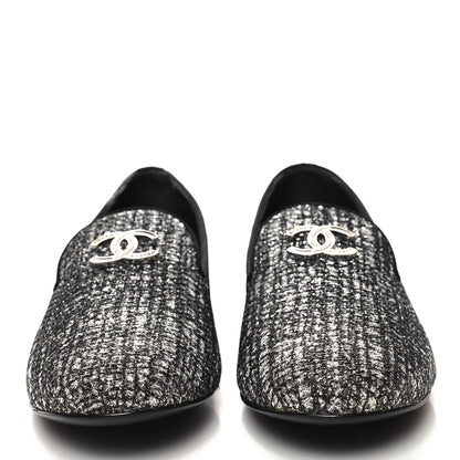 Chanel Fantasy Fabric Grosgrain CC Mocassin Loafers 36.5 Silver Black 2 of 11