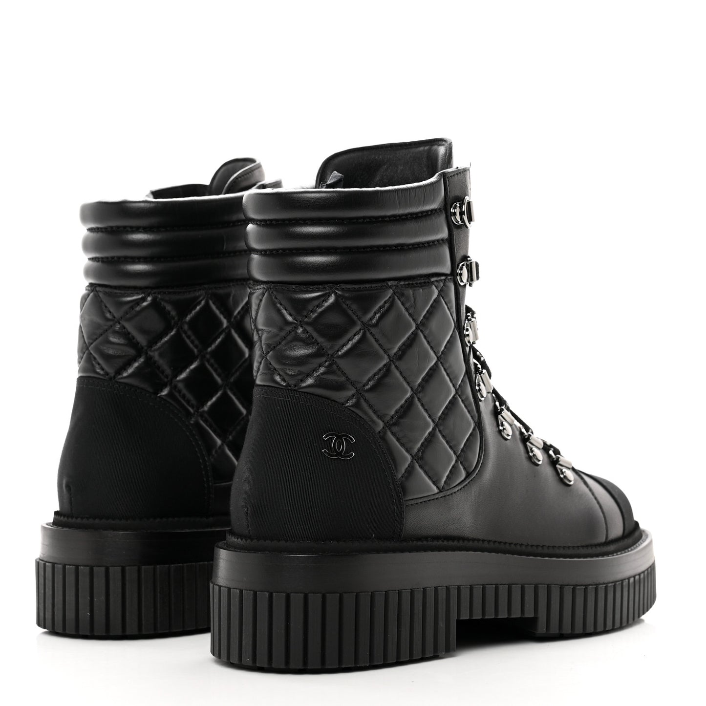 Calfskin Grosgrain Quilted Lace Up Boots 37.5 Black Grey
