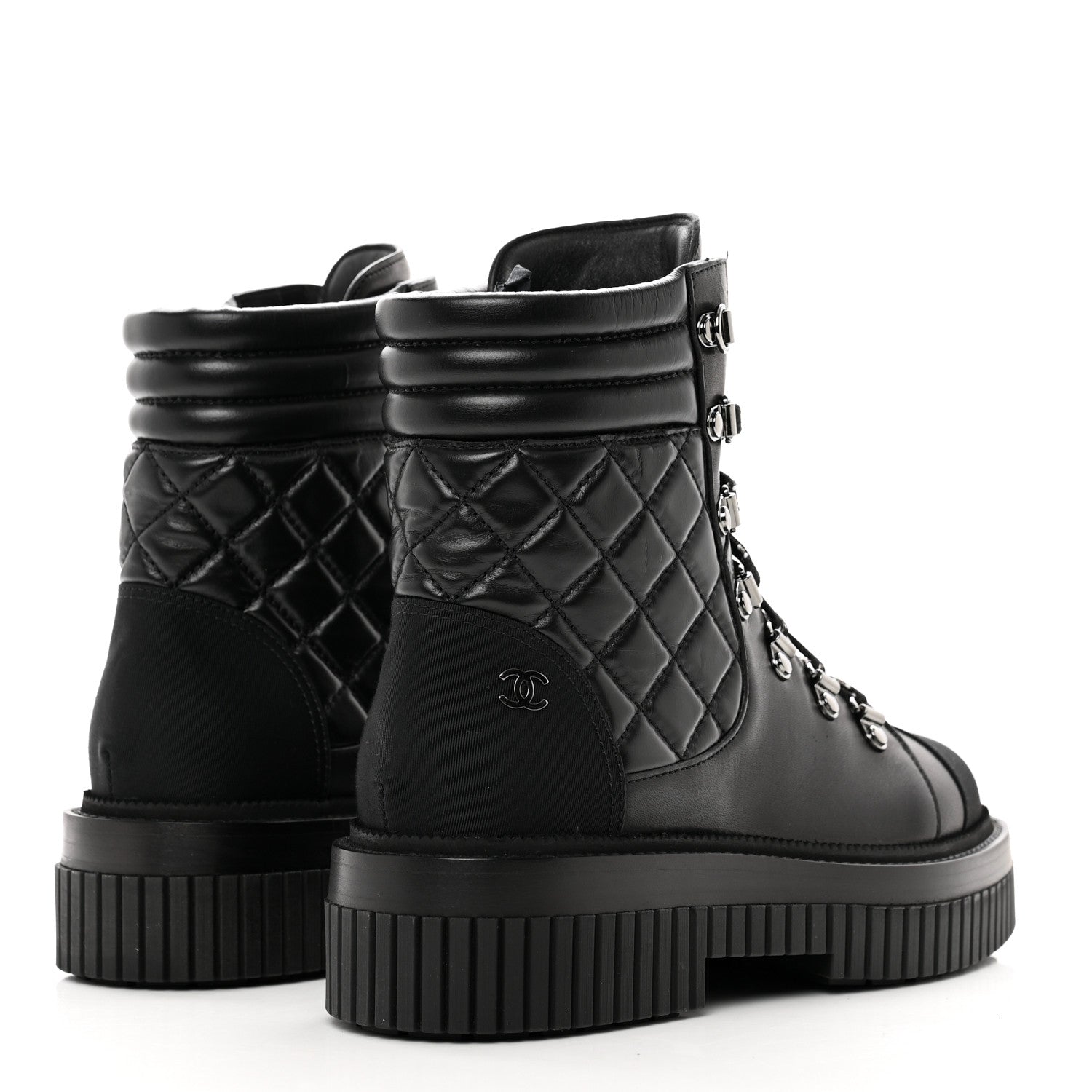 Chanel Calfskin Grosgrain Quilted Lace Up Boots 37.5 Black Grey 4 of 9