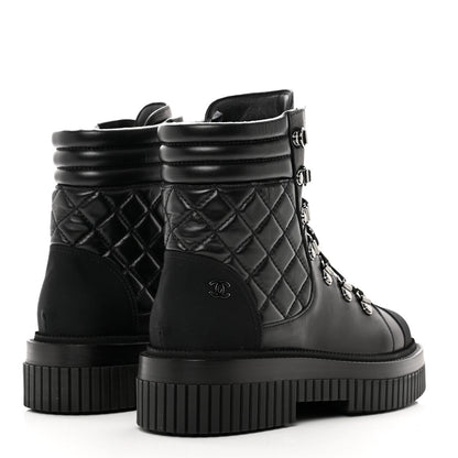 Chanel Calfskin Grosgrain Quilted Lace Up Boots 37.5 Black Grey 4 of 9