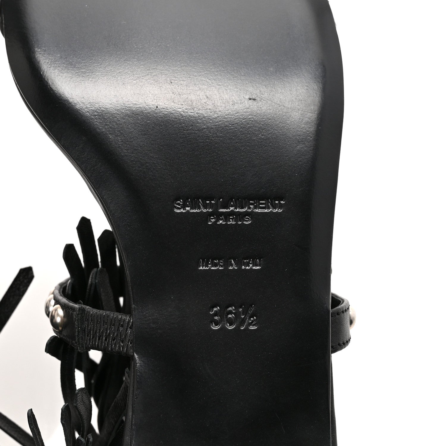 Saint Laurent Calfskin Studded Fringe Cyuko Sandals 36.5 Black 7 of 10